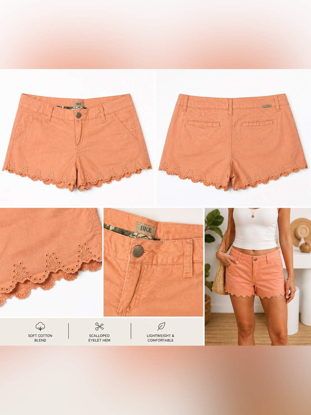 BKE Peach Scalloped Eyelet Hem Low-Rise Short Shorts
